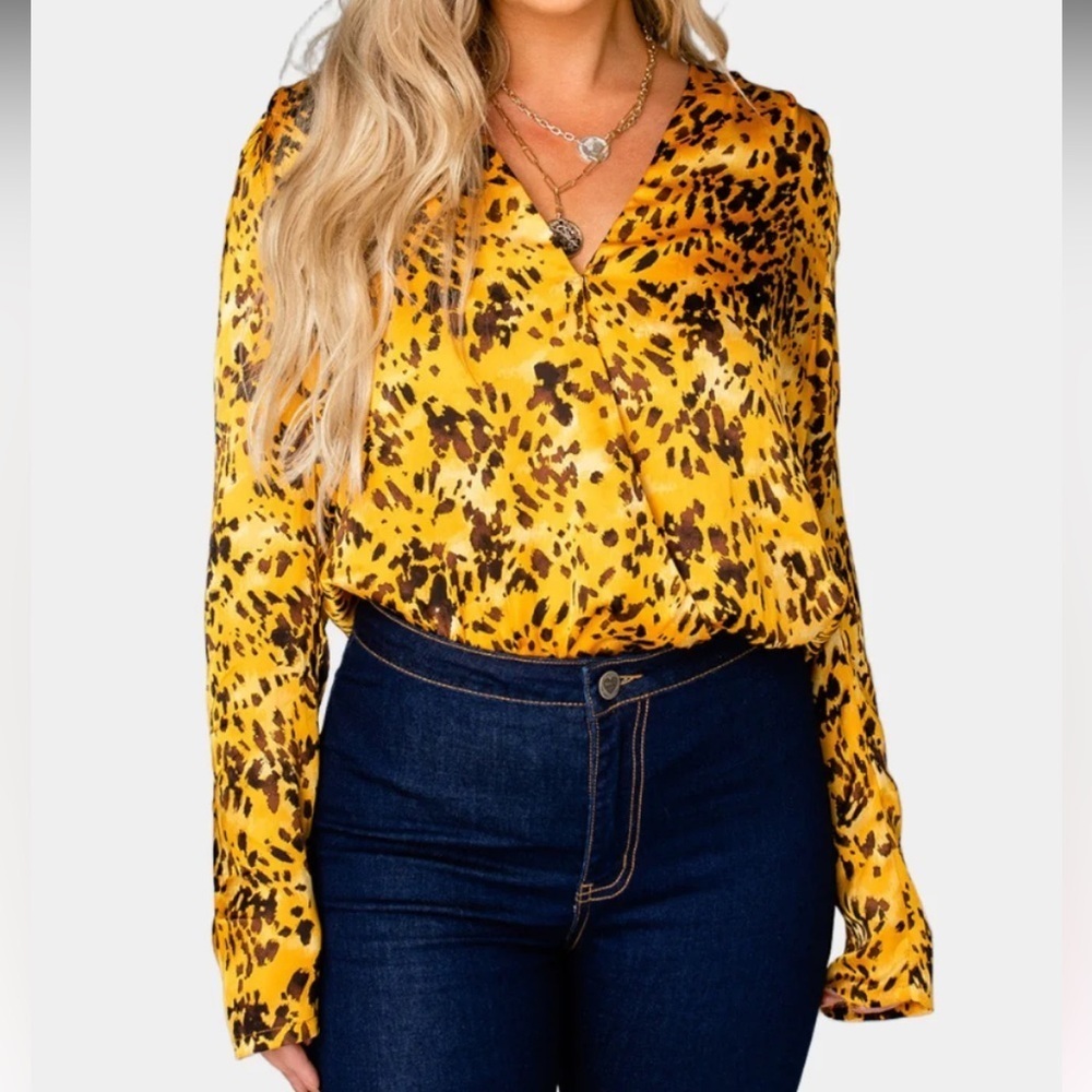 BUDDY LOVE Tortoiseshell Melissa Surplice Long Sleeve Bodysuit Size Small